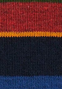 Colorful knitted fabric with horizontal stripes in red, green, yellow, navy, and light blue, featuring a textured, woven surface.
