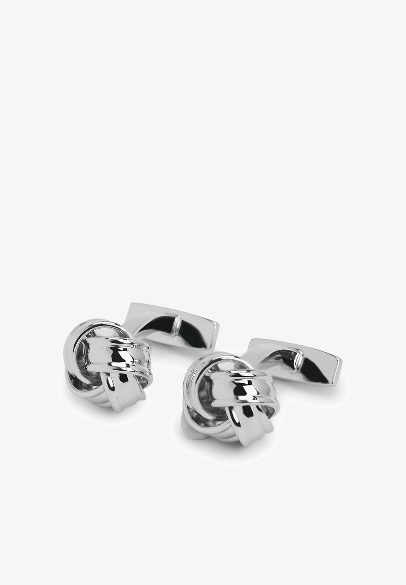 Silver-tone cufflinks featuring a knotted design with polished finish and a rectangular backing, showcasing smooth, reflective surfaces.