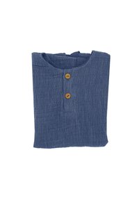 Blaue Baumwolltunika mit einem strukturierten Streifenmuster, Rundhalsausschnitt und zwei braunen Knöpfen an der Vorderseite.