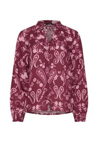 Blusa a maniche lunghe bordeaux con motivo paisley e floreale rosa, caratterizzata da un collo a fiocco e una chiusura a bottoni. Tessuto morbido con polsini arricciati.