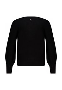 Pull en maille noire avec un col rond, des manches longues bouffantes et des bords-côtes aux poignets et à l'ourlet. Un petit détail décoratif au dos.