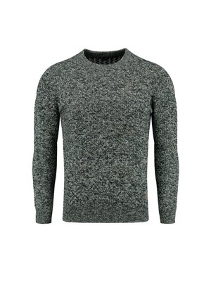Suéter de punto gris oscuro con un diseño texturizado, cuello redondo y mangas largas. Presenta puños y dobladillo acanalados. Acentuado con un logo sutil.