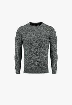 Suéter de punto gris oscuro con un diseño texturizado, cuello redondo y mangas largas. Presenta puños y dobladillo acanalados. Acentuado con un logo sutil.