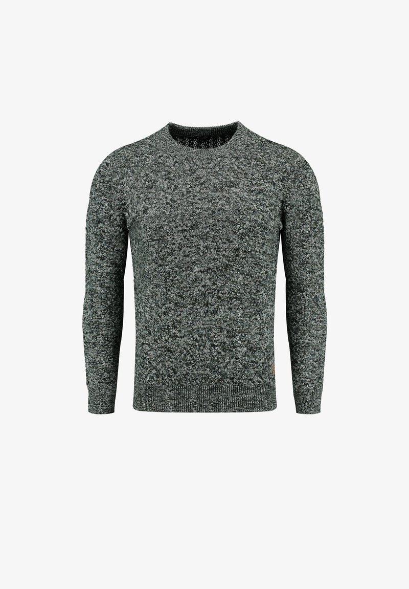 Sötétszürke kötött pulóver texturált mintával, kerek nyakkivágással és hosszú ujjal. Bordázott mandzsettákkal és alsó résszel rendelkezik. Diszkrét logóval díszített.