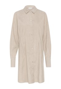 Robe chemise beige à boutons, fabriquée en tissu doux, dotée d'un col, de manches longues avec des poignets et d'une coupe décontractée.