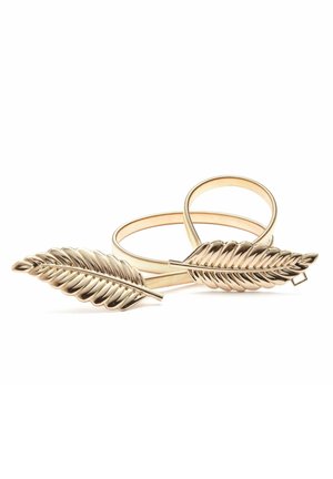 Gold-tone bangles shaped like leaves, featuring intricate ribbed detailing and smooth accents. The set includes two matching pieces.