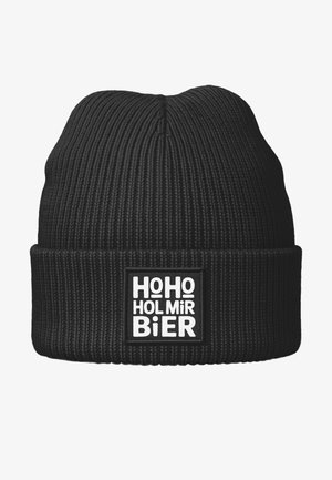 Black knitted beanie with a ribbed texture and a folded cuff. Features a rectangular white patch displaying the text "HoHoHol mir BiER."