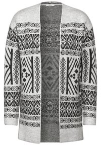 Cardigan gris clair à ouverture frontale avec des motifs géométriques noirs et en forme de losange sur les manches et les panneaux avant.