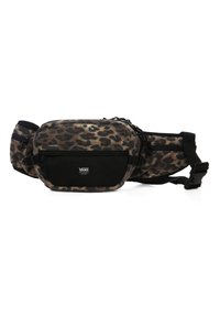 Leopardenmuster Bauchtasche mit weicher Textur, schwarzen Stoffakzenten, verstellbarem Tragegurt und vorderer Reißverschlusstasche. Mit Logo-Patch.