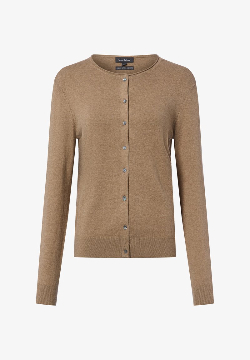Bruine cardigan in zachte gebreide stof, met een ronde halslijn, lange mouwen en een knoopsluiting aan de voorkant met ronde knopen.