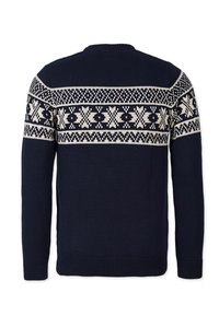 Knitted sweater in navy blue with a cream fair isle pattern across the chest and shoulders. Features a crew neckline and ribbed cuffs.