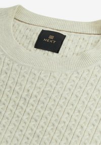 Pullover en tricot crème avec un motif en relief, col et ourlet à côtes, et une étiquette noire indiquant "NEXT" à l'arrière. Texture douce.