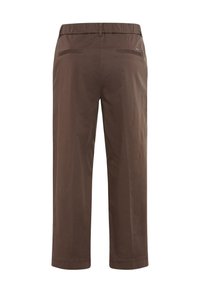 Pantalon marron à jambes droites avec taille élastique et deux poches passepoilées à l'arrière, montré de dos sur fond blanc.