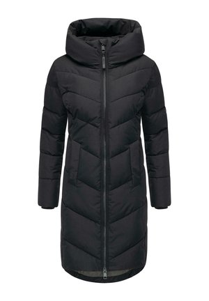 Black puffer coat with a high collar and full zipper. Features a chevron quilted pattern and two side pockets. Long sleeves, mid-thigh length.