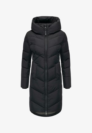 Črna napihnjena bunda z visokim ovratnikom in polnim zadrgo. Ima chevron kvadratni vzorec in dve stranski žepi. Dolgi rokavi, dolžina do sredine stegna.