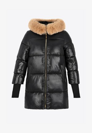 Czarna kurtka puchowa z sztucznym futrem przy kołnierzu, złotym zamkiem błyskawicznym i elastycznymi mankietami. Wykonana z błyszczącego materiału o pikowanym wzorze i kieszeniami po bokach.