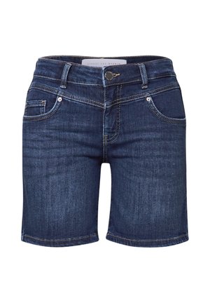 Shorts en denim bleu foncé avec une coupe droite. Comprend cinq poches, des passants de ceinture et des coutures contrastées. Fermeture à bouton et zip à l'avant.