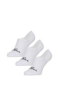 Trois paires de chaussettes en coton blanc à coupe basse, dotées d'un poignet côtelé et d'un logo noir sur le côté.