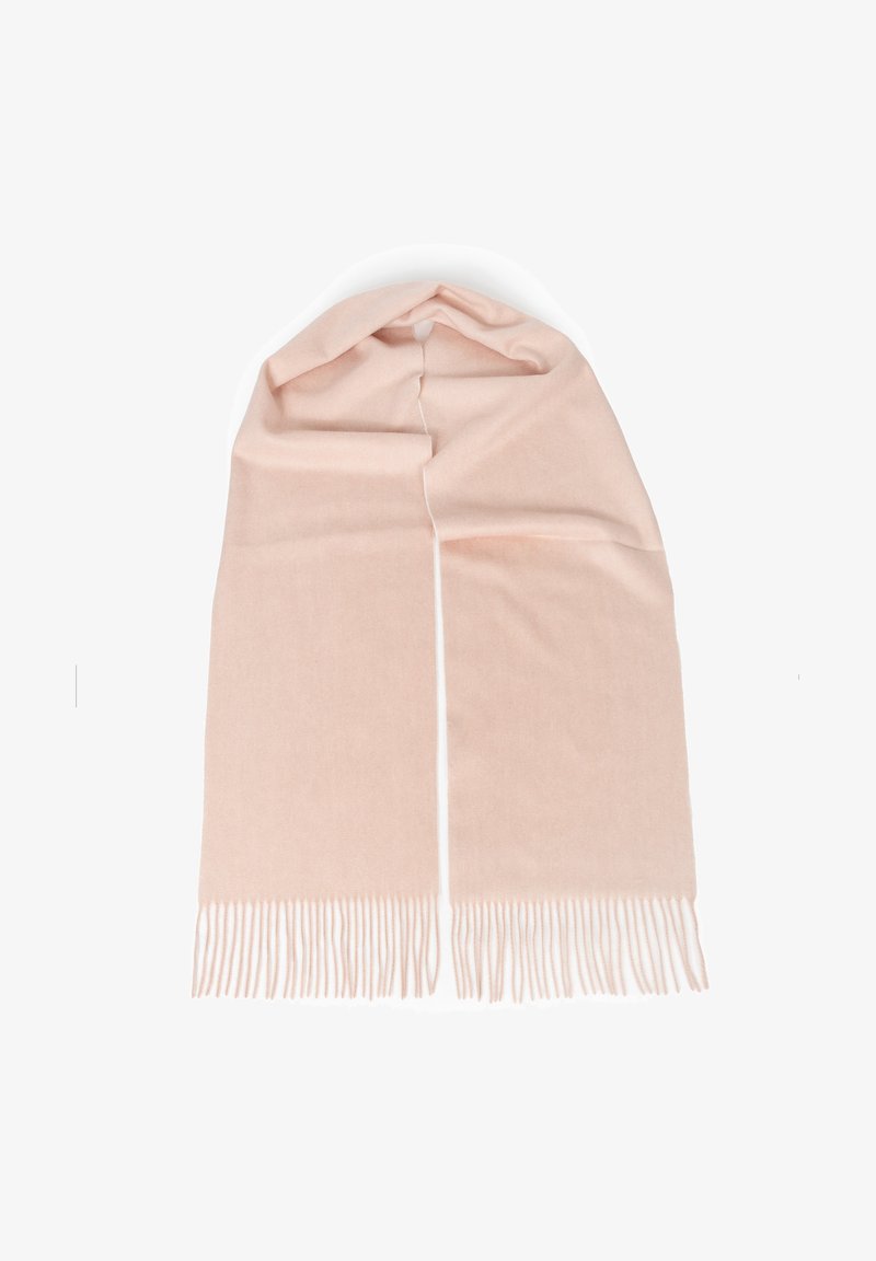 Jasnoróżowy, frędzlowany szalik wykonany z miękkiego materiału, charakteryzujący się gładką teksturą i prostym, prostokątnym kształtem bez dodatkowych wzorów.