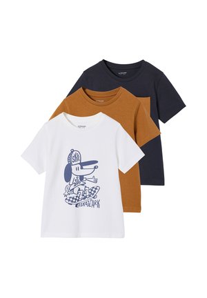 Three children's short-sleeve T-shirts in white with a skateboarding dog print, solid mustard, and solid dark blue colors stacked.