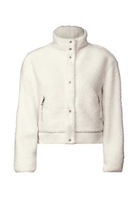 Witte cropped jacket met een zachte, fluffy textuur, voorzien van een hoge kraag, drukknoopsluiting en ritssluiting aan de zijkanten. Geribbelde tailleband.