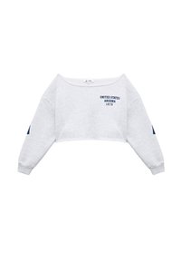 Sudadera gris corta con escote amplio, mangas largas y texto en azul marino que dice "ESTADOS UNIDOS ARIZONA 1975" en la parte frontal.