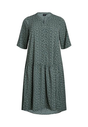 Groene bloemenjurk met korte mouwen, een V-hals en een geplooide taille. Kenmerkt zich door een vloeiende, lichte stof met een gevarieerd patroon.