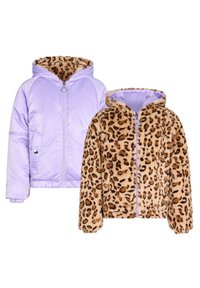 Giacca a vento reversibile con un lato in tessuto liscio viola chiaro e l'altro lato in pelliccia sintetica leopardata, entrambi con zip frontali.