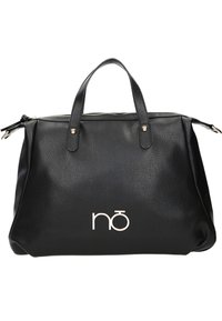 Borsa a tracolla in pelle nera con due manici superiori, dettagli in hardware dorato e logo metallico sulla parte anteriore. Chiusura con zip superiore.