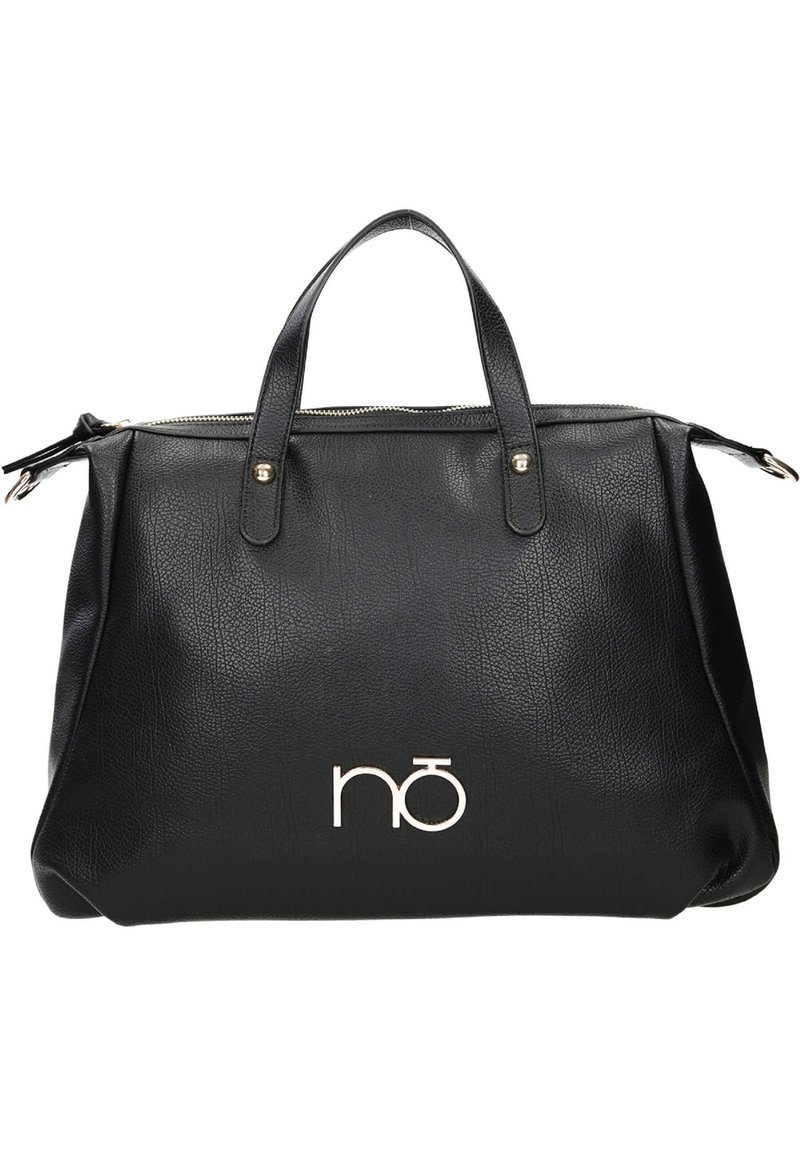 Borsa a tracolla in pelle nera con due manici superiori, dettagli in hardware dorato e logo metallico sulla parte anteriore. Chiusura con zip superiore.