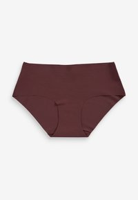 Sous-vêtement féminin taille haute sans couture en marron foncé, fabriqué en tissu lisse et extensible, présenté à plat sur fond blanc.
