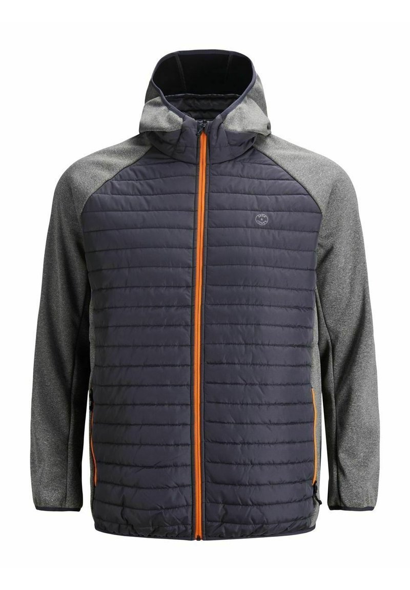 Gefütterte Jacke mit einem marineblauen Körper und grauen Ärmeln, orangefarbener Reißverschluss und eine Kapuze. Strukturierter Stoff in einem gesteppte Muster.