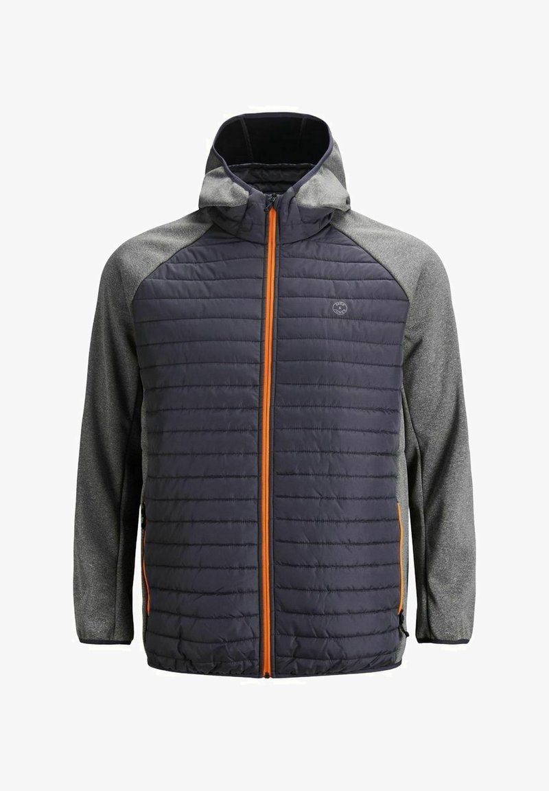 Gefütterte Jacke mit einem marineblauen Körper und grauen Ärmeln, orangefarbener Reißverschluss und eine Kapuze. Strukturierter Stoff in einem gesteppte Muster.