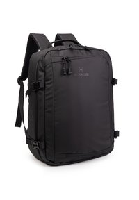 Black backpack made of durable material features a rectangular shape, adjustable straps, and zippered compartments with branding detail.