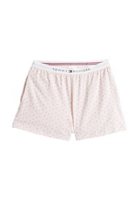 Pánske boxerky Tommy Hilfiger v svetloružovej farbe s bielym elastickým pásom. Majú jemný bodkovaný vzor a pohodlný, voľný strih.