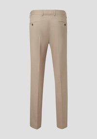 Pantalones de vestir beige con una textura suave, perneras rectas, dos bolsillos traseros con botones y una cintura ajustada.