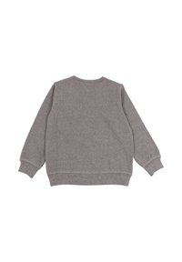 Felpa grigia con una texture morbida, colletto girocollo, maniche lunghe e polsini e orlo a coste; design semplice, senza pattern o dettagli visibili.