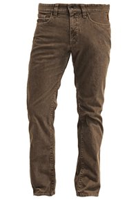 Brune corduroy bukser med frontknap og lynlåslukning, fem-lomme stil og lige pasform.