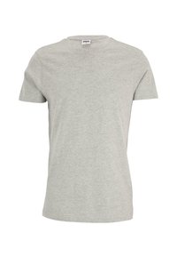 Tricou din bumbac gri, cu guler clasic în formă de cerc, mâneci scurte și o textură moale și netedă, fără modele sau embellismente.