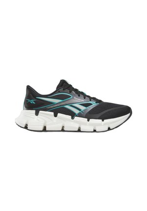 Scarpa da running Reebok nera e turchese con suola bianca segmentata, tomaia in mesh e chiusura con lacci vista di profilo su sfondo bianco.