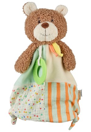 Brown teddy bear head with soft, multicolored fabric body featuring polka dots and stripes, holding a green teething ring.