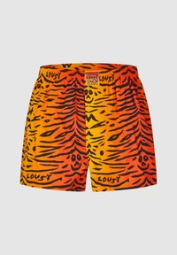 Multi-colored boxers featuring a bright orange and yellow tiger stripe pattern with black accents and a waistband label reading "LOUSY."