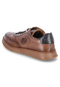 Brown leather shoe with round toe, black heel accent, and brown rubber sole. Features stitched detailing and logo embossed on the side.