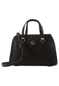 Borsa in pelle nera con due manici superiori, tracolla rimovibile, forma arrotondata, superficie texturizzata e un accento con logo in argento.