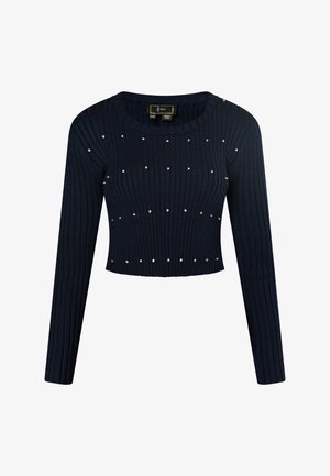 Suéter corto de canalé azul marino con manga larga y cuello redondo, adornado con pequeñas tachuelas plateadas distribuidas uniformemente en la parte delantera.