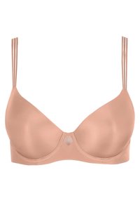 Light pink bra with smooth satin material, underwire support, semi-transparent accent at the center, and thin adjustable straps.