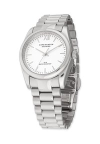 Silberner Edelstahl-Armbanduhr mit weißem Zifferblatt, silbernen Stundenmarkierungen, drei Zeigern und "Copenhagen Studios"-Markenlogo, wasserdicht bis 50 Meter.