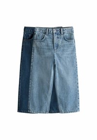 Sötétkék és világoskék színárnyalatú két tónusú farmer szoknya. Klasszikus szabás zsebekkel, gombos záródással és egyenes szegéllyel.