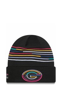 Schwarze Strickmütze mit einem bunten Streifenmuster an der Oberseite und einem auffälligen gestickten Logo am umgeschlagenen Saum.