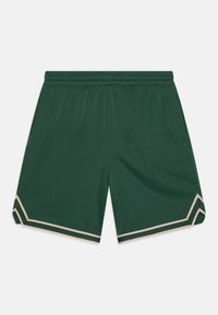 Pantalones cortos verde oscuro con cintura elástica, que presentan detalles beiges en los dobladillos en un patrón triangular. Textura suave, diseño atlético.